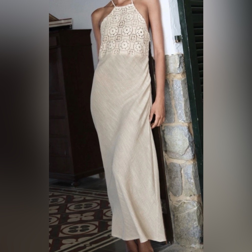🤍 ZARA Crochet Lace Linen Blend Maxi Dress | Boho Summer | Cream | - Picture 5 of 9